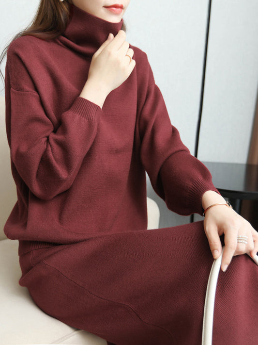 flowersverse Urban Loose Solid Color High-Neck Sweater Tops & Skirts Bottoms Suits