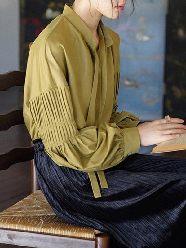 flowersverse Pleated Solid Color Tied Long Sleeves Loose Mock Neck Blouses&shirts Tops