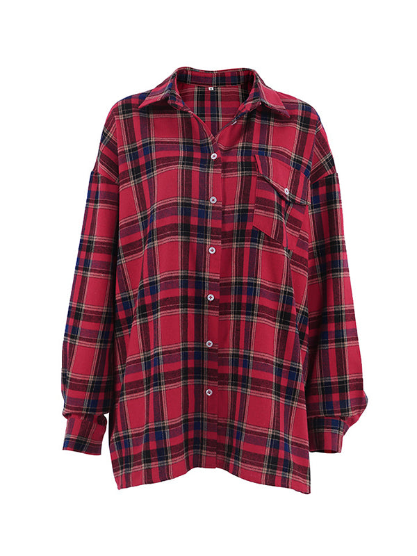 flowersverse Buttoned Plaid Long Sleeves Loose Lapel Blouses&Shirts Tops