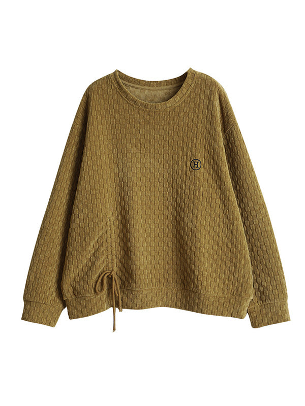 flowersverse Casual Loose Long Sleeves Drawstring Solid Color Textured Round-Neck Hoodies&Sweatshirt Tops