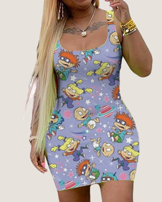 flowersverse Cartoon Print Square Neck Bodycon Dress