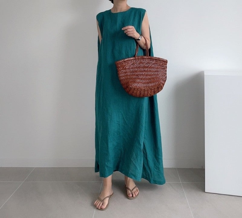 flowersverse Loose Cotton Vest Dress New Round Neck Sleeveless Long Dress Linen