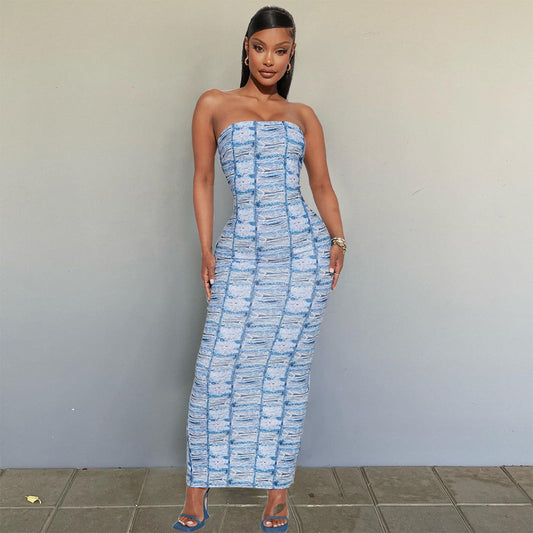 flowersverse Women's Print Sexy Strapless Fitted Bodycon Long Dress