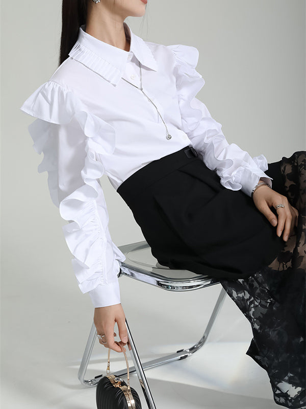 flowersverse Falbala Pleated Solid Color Long Sleeves Lapel Blouses&shirts Tops