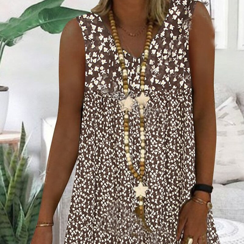 flowersverse Women's Casual Dress Shift Dress Midi Dress Brown Sleeveless Floral Print Spring Summer V Neck Basic Daily Weekend 2023 S M L XL XXL 3XL