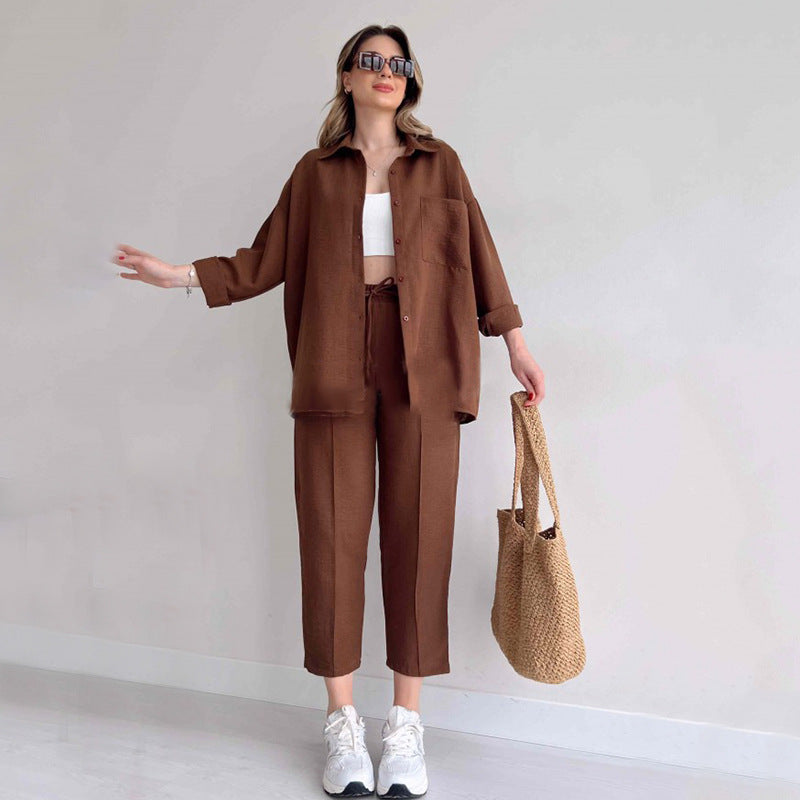 flowersverse Plus Size Women's Fall Casual Loose Shirt Coat Cropped Sport Harem Pants Two-Piece Set