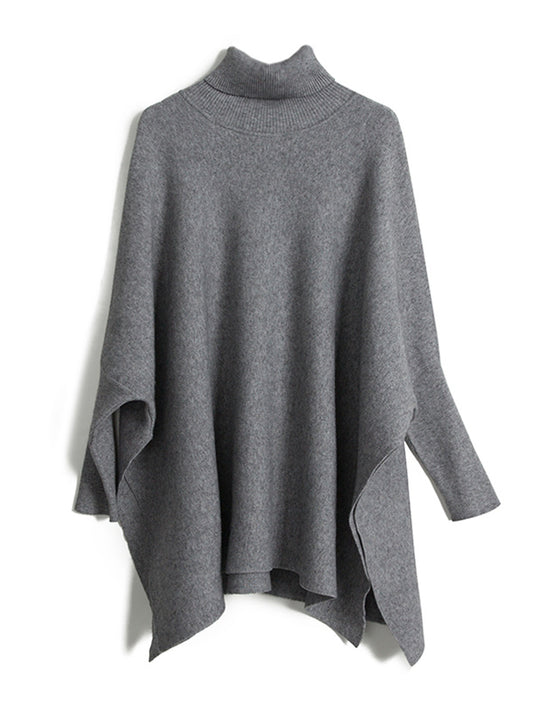 flowersverse Simple Loose Solid Color High-Neck Batwing Sleeves Sweater
