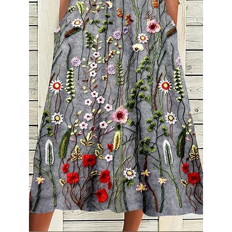 flowersverse Women's Casual Dress Summer Dress Print Dress Floral Pocket Print V Neck Midi Dress Active Fashion Outdoor Daily Short Sleeve Loose Fit Gray Spring Summer S M L XL XXL