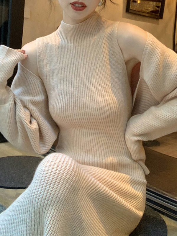 flowersverse Mock Neck Long Sleeves Solid Color Cardigan Top + High Waisted Sweater Dress Two Pieces Set