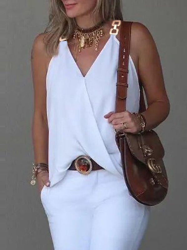 flowersverse Solid Color Split-Joint Sleeveless V-Neck Vest Top