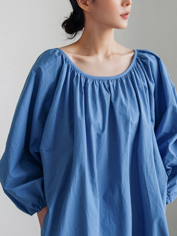 flowersverse Original Casual Loose Solid Color Pleated Puff Sleeves Midi Dress