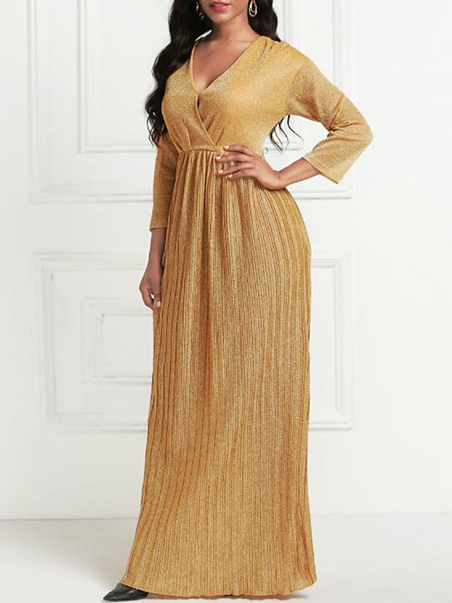 flowersverse Women's Maxi Long Dress Gold 3/4 Length Sleeve Pleated Summer V Neck Hot Formal