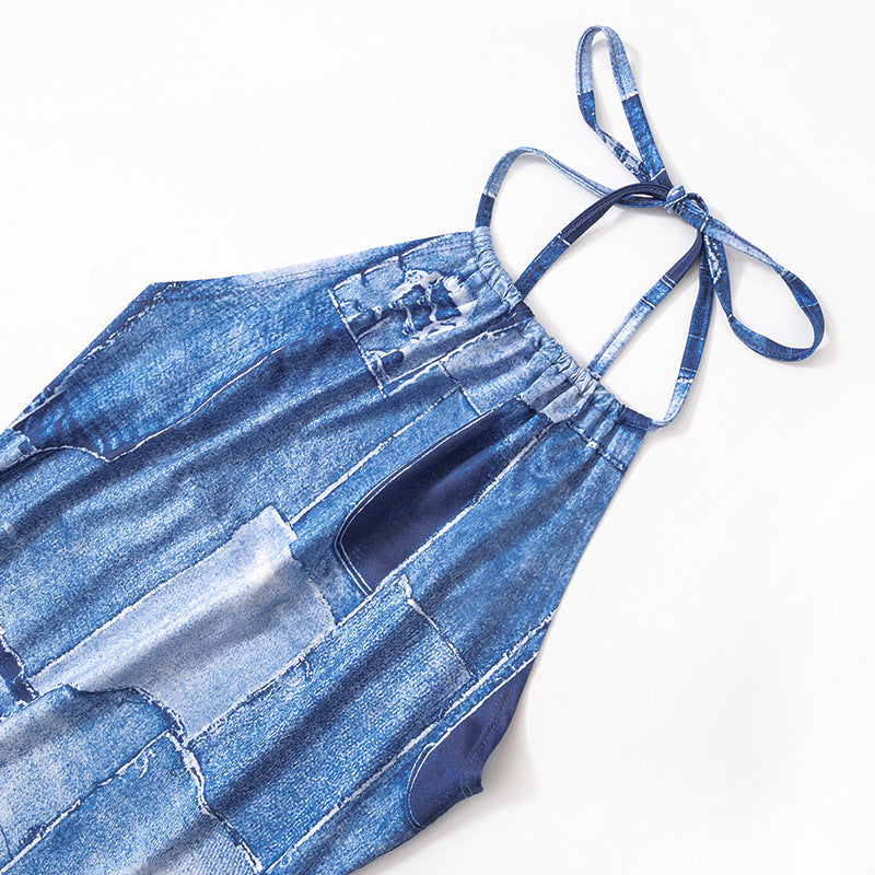 flowersverse Women Summer Casual Sleeveless Halter Neck Lace-Up Denim Print Backless Dress