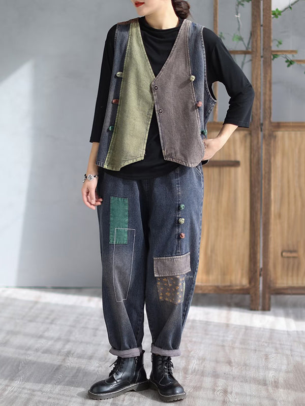 flowersverse Loose Split-Joint V-Neck Vest Top + Jean Harem Pants Bottoms Two Pieces Set