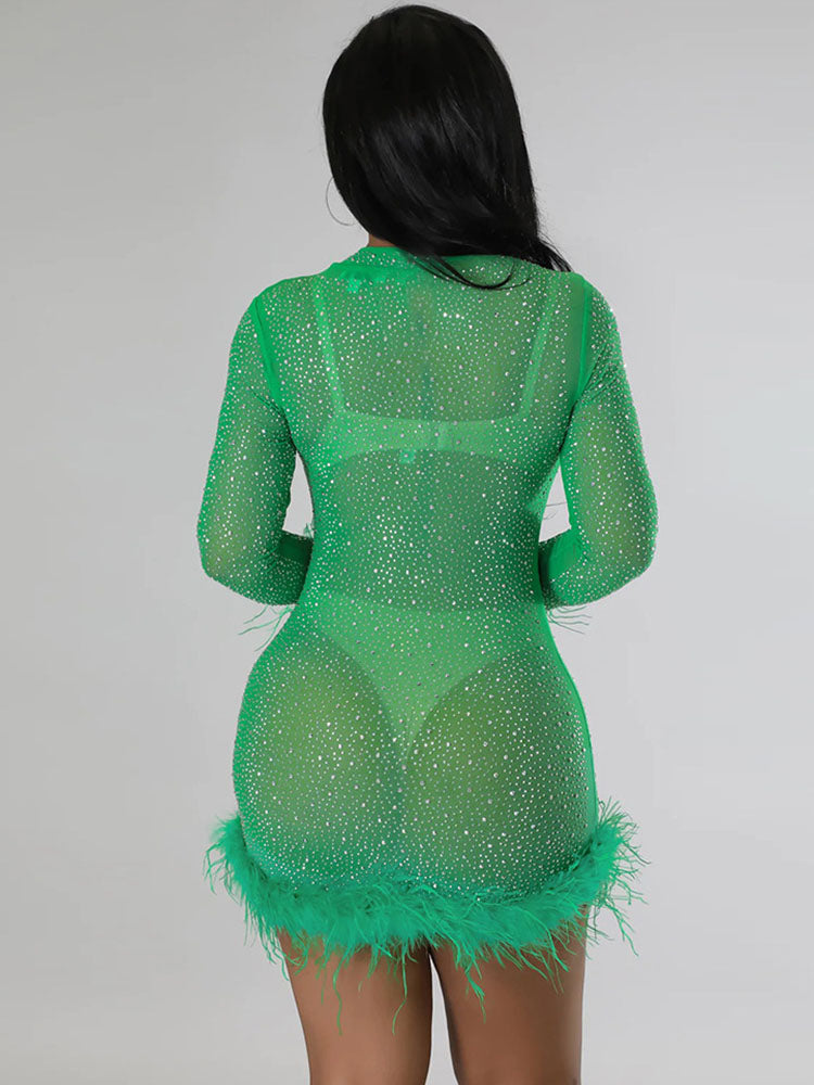 flowersverse Mesh Feather Giltter Bodycon Mini Dresses