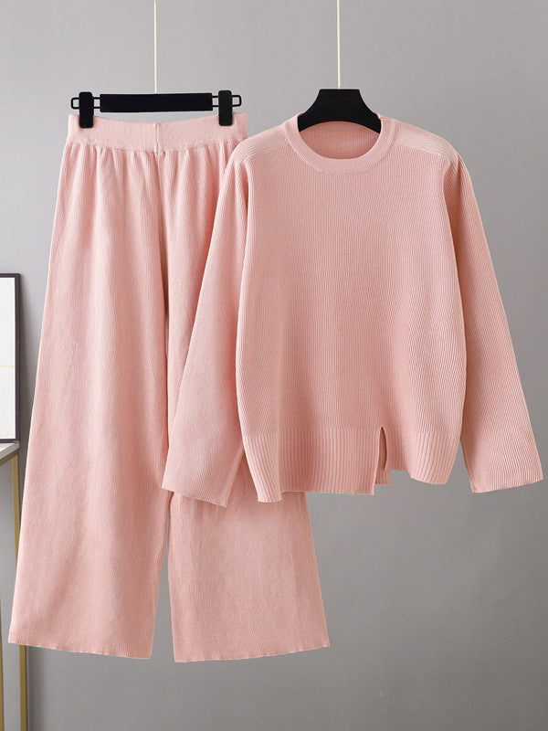 flowersverse Casual Long Sleeves Irregularity Split-Front Round-Neck Sweater Tops & Wide Leg Pants Two Pieces Set