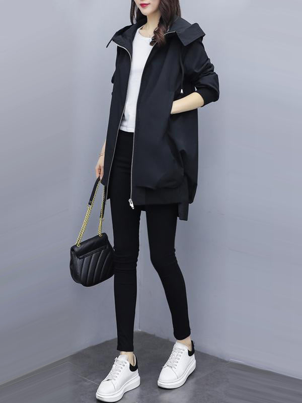 flowersverse Casual Loose 4 Colors Pleated Zipper Hooded Long Sleeves Outwear