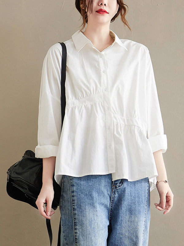flowersverse Casual Loose 3 Colors Buttoned Lapel Collar Long Sleeves Blouse