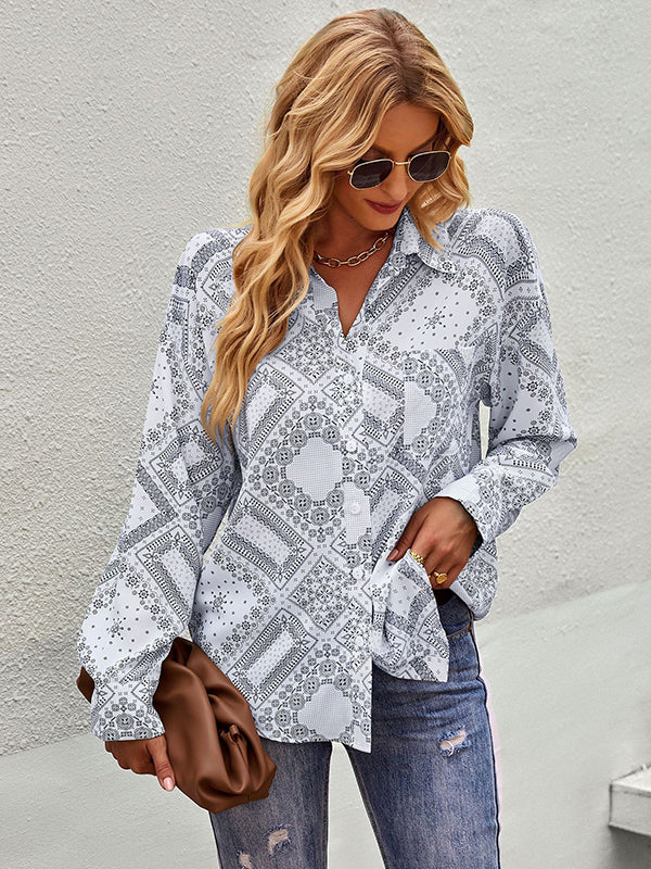 flowersverse Casual Loose Printed Lapel Collar Shirt Top