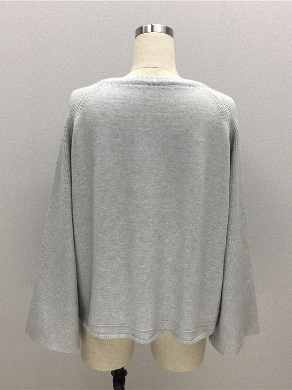 flowersverse Casual Long Sleeves Loose Solid Color V-Neck Sweater Tops