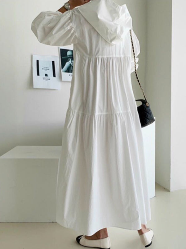flowersverse Urban Solid Color Pleated Long Sleeves Hooded Midi Dress