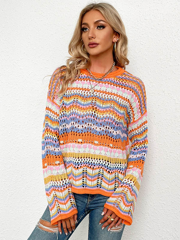 flowersverse 4 Colors Loose Contrast Color Round-Neck Sweater Top
