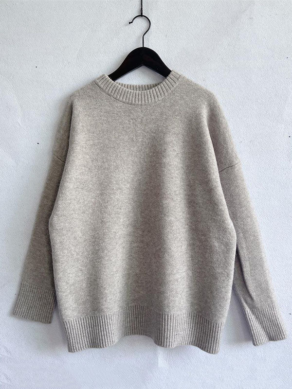 flowersverse Casual Loose Long Sleeves Solid Color Round-Neck Sweater Tops
