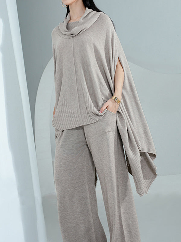 flowersverse Solid Color High-Low Long Sleeves Heaps Collar Sweater Tops Pullovers