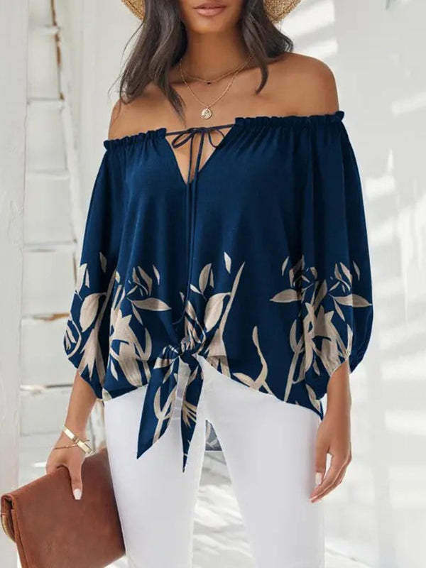 flowersverse Casual Loose Long Sleeves Drawstring Floral Printed Off-The-Shoulder Blouses&Shirts Tops
