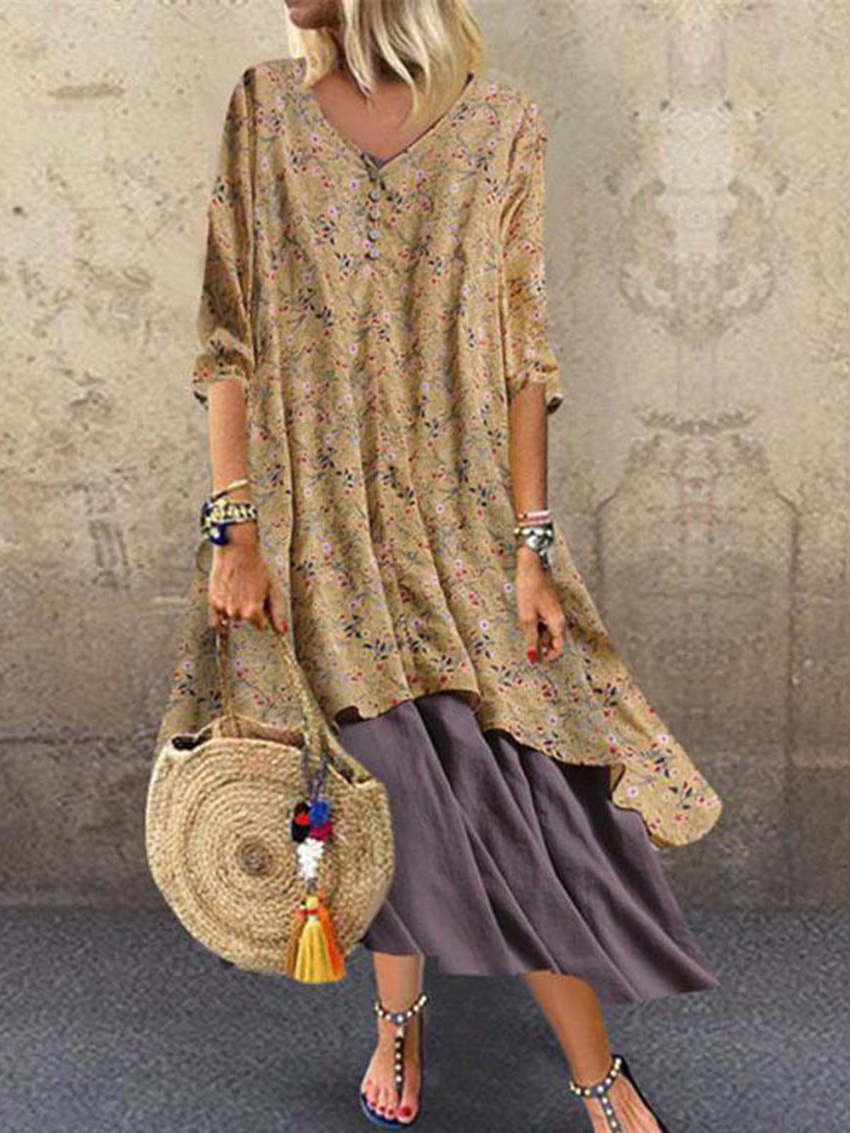 flowersverse zolucky V Neck Women Weaving Dress A-Line Going Out Boho Cotton Weaving Dress