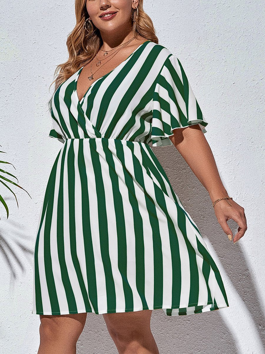 flowersverse Holiday Short Sleeve V Neck A-line Weaving Dress