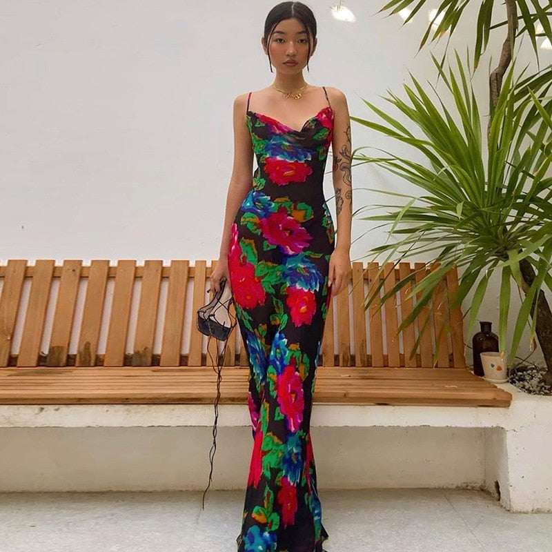 flowersverse Graduation Party dress Fashionkova Spaghetti Strap Women's Slip Dress Floral Print Sexy Backless Maxi Dresses Party Club Beach Long Dress Fall