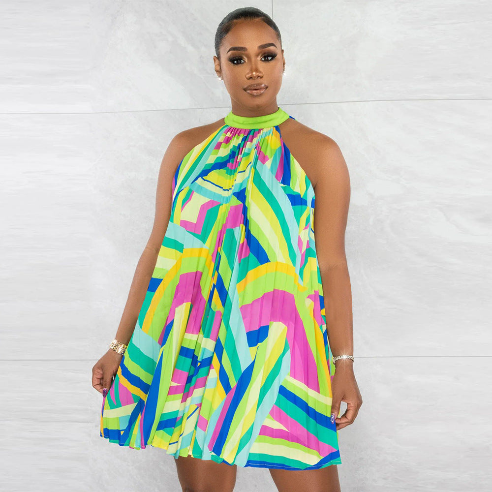 flowersverse Women's Beach Dress Off Shoulder Sleeveless Printed Pleated Dress