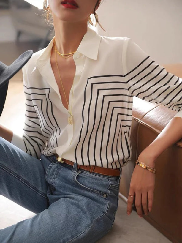 flowersverse Casual Long Sleeves Printed Lapel Blouses&Shirts Tops