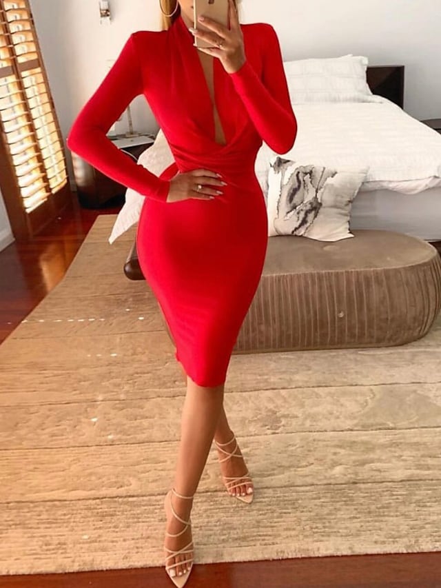 flowersverse Women's Semi Formal Party Dress Bodycon Black Red Long Sleeve Pure Color Ruched Winter Fall Autumn Deep V Fashion Winter Dress Slim S M L XL