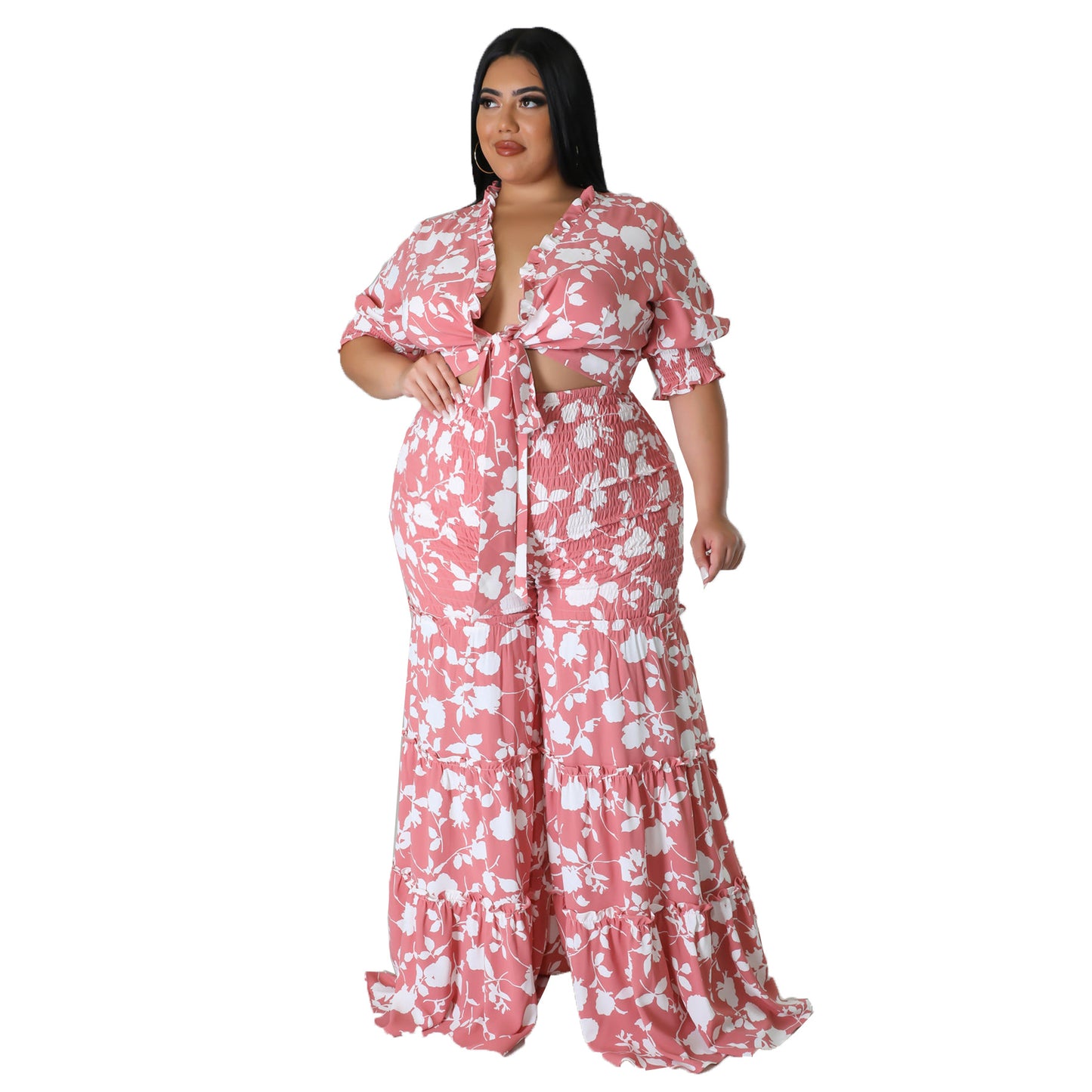 flowersverse Women's Lace-Up Printed Two-Piece Suit Wide Leg Pants Plus Size
