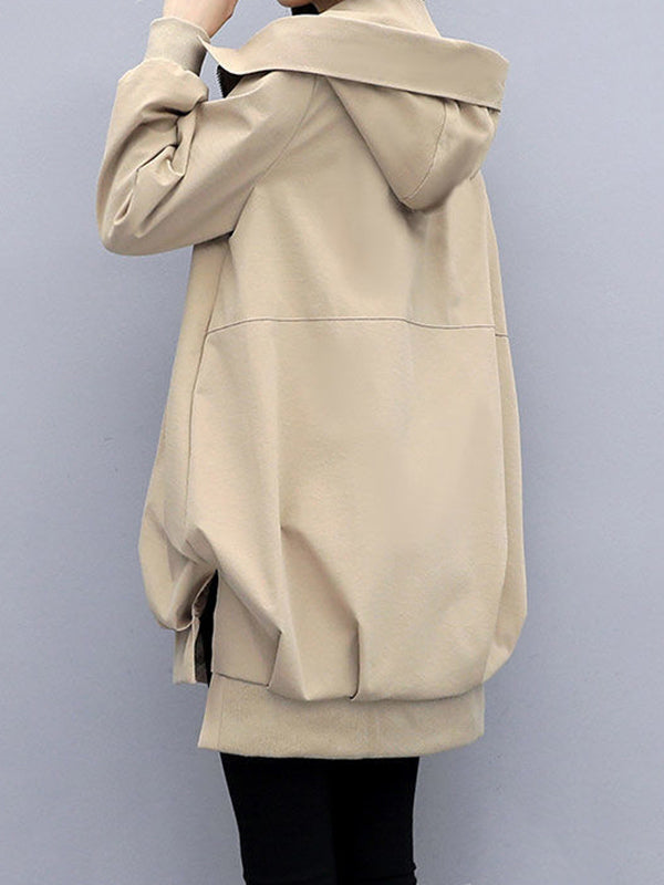 flowersverse Casual Loose 4 Colors Pleated Zipper Hooded Long Sleeves Outwear
