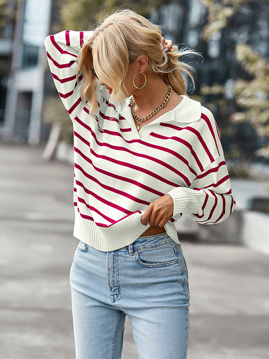 flowersverse Casual Loose Striped Polo Sweater Top