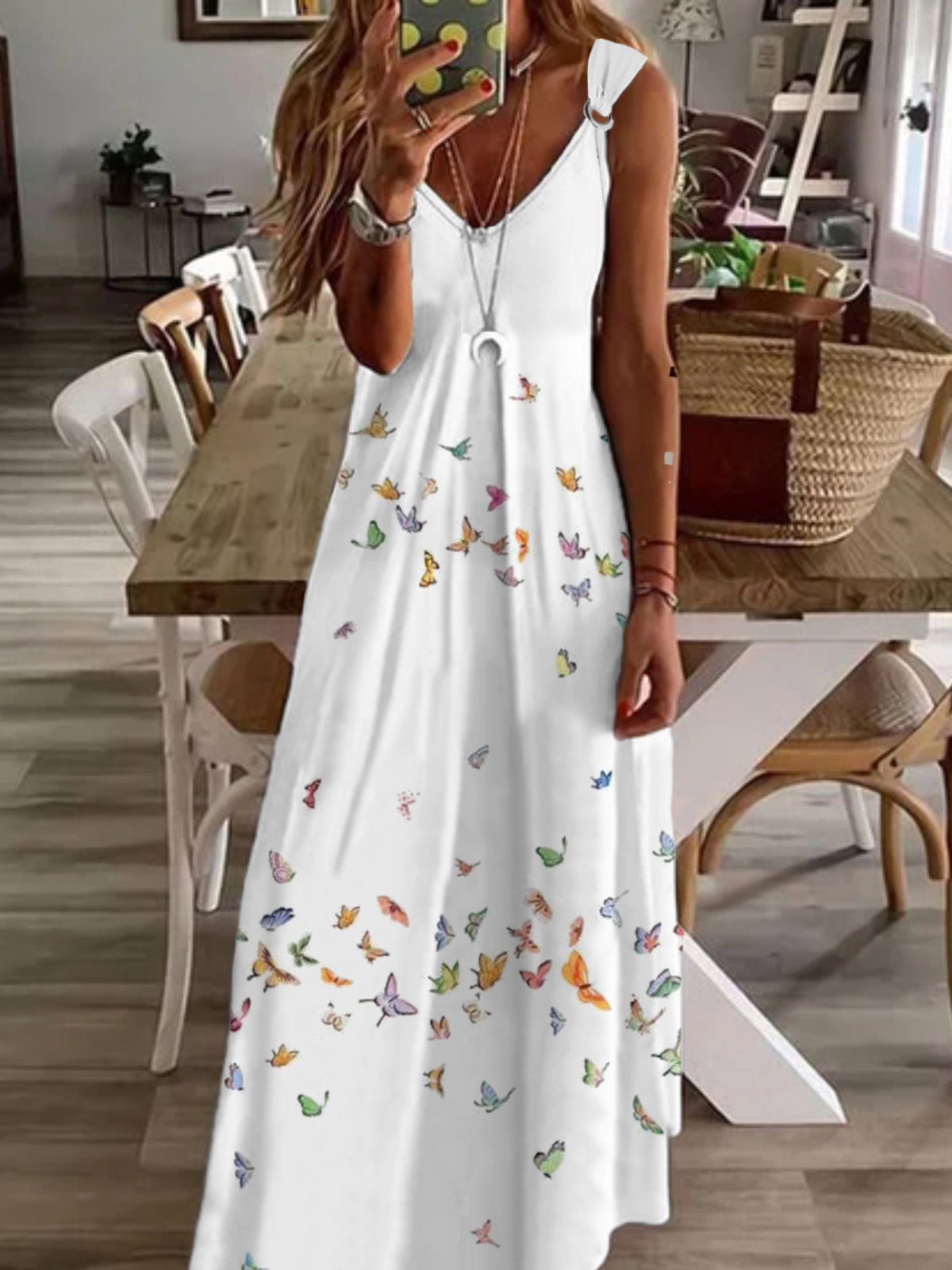 flowersverse Casual Butterfly Sleeveless V Neck Printed Dress