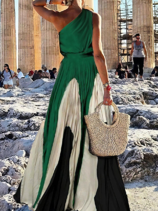 flowersverse Sleeveless Asymmetric Pleated Printed One-Shoulder Maxi Dresses