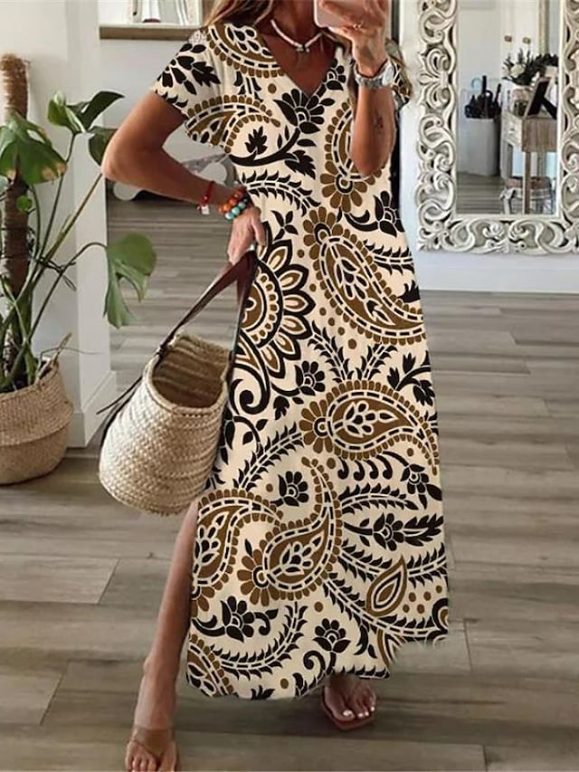 flowersverse Women's Casual Dress Ethnic Dress Shift Dress Long Dress Maxi Dress Khaki Short Sleeve Floral Split Spring Summer V Neck Vacation S M L XL XXL 3XL