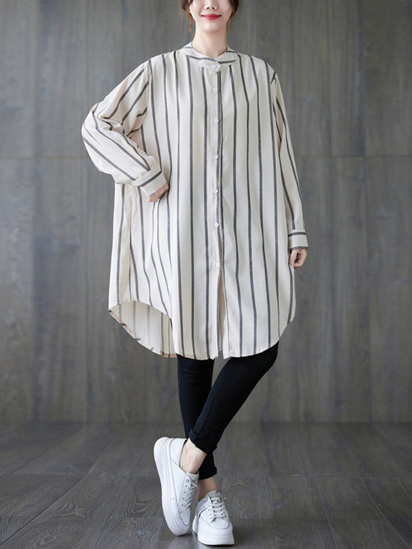 flowersverse Buttoned Striped Long Sleeves Loose Blouses&Shirts Tops