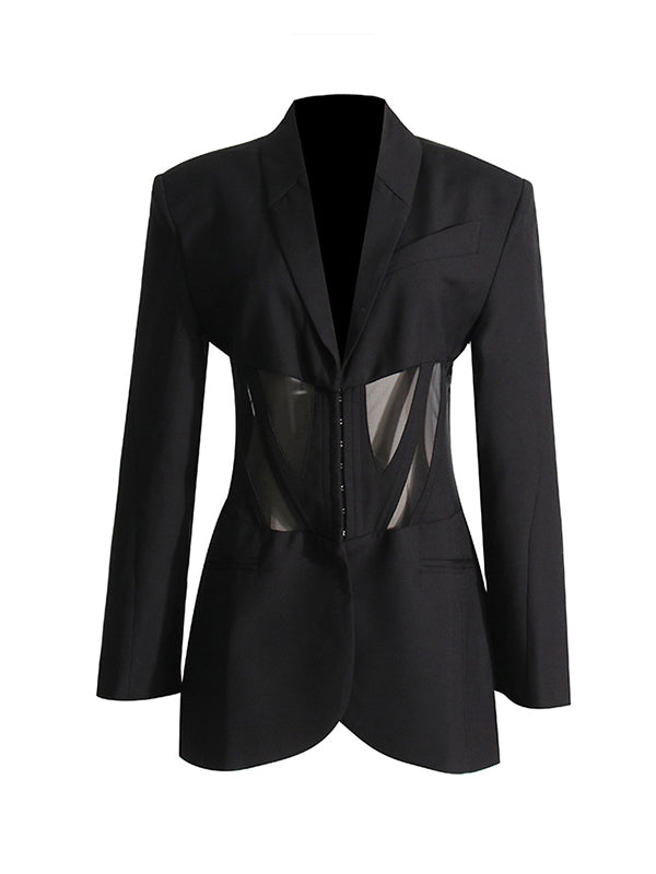 flowersverse Buckle Gauze See-Through Solid Color Split-Joint Long Sleeves Notched Collar Blazer