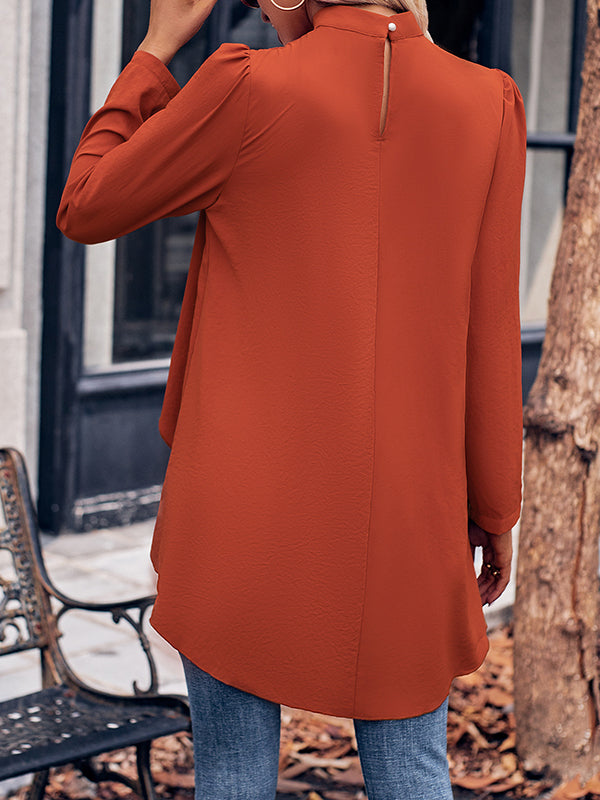 flowersverse Solid Color Split-Joint False Two High-Low Mock Neck Blouses&Shirts Tops