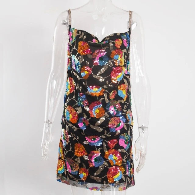 flowersverse One-line Neck Backless Sequin Floral Chain Women's Short Dress