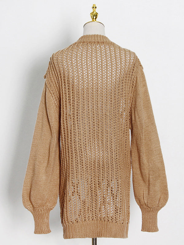 flowersverse Original Long Sleeves Loose Hollow Solid Color V-Neck Sweater Tops
