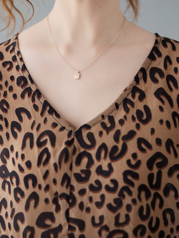 flowersverse Leopard Half Sleeves Loose V-neck T-Shirts Tops Blouses&shirts Tops