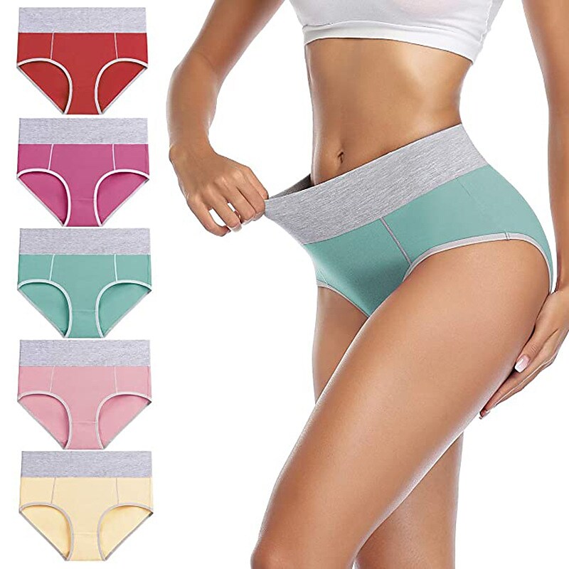 flowersverse Women's Plus Size Basic Vacation Pure Color Shaping Panty Stretchy High Waist Cotton 5 Pieces Green M