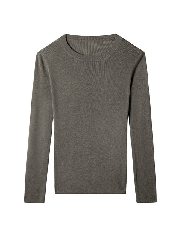 flowersverse Solid Color Long Sleeves Skinny Round-Neck Sweater Tops Pullovers Knitwear