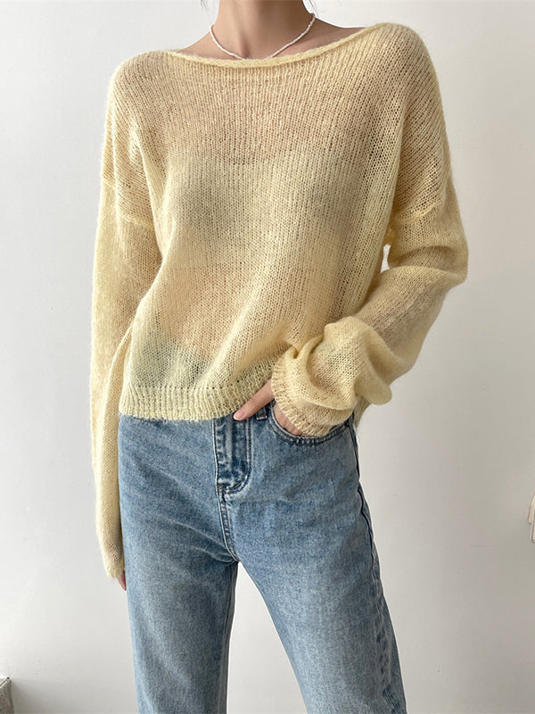 flowersverse Gentle Mohair Knitted Loose Long Sleeves Solid Color Thin Sweater Tops